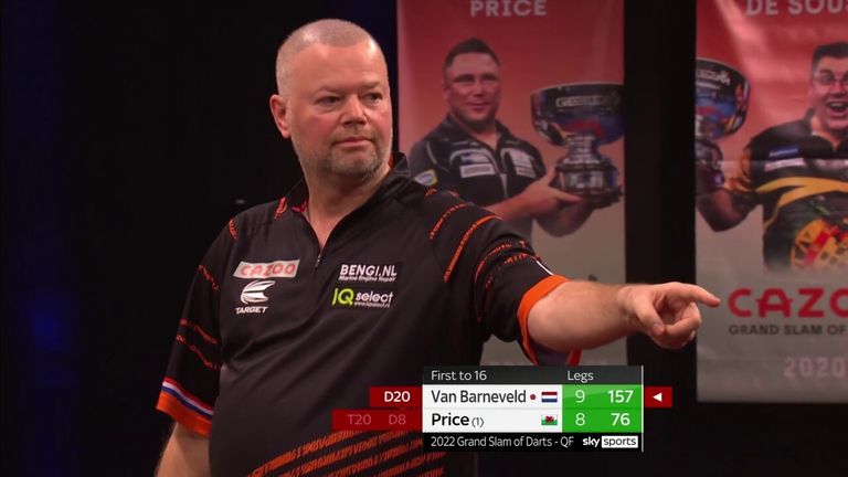 Barney landed this huge 157 checkout as the doyen of Dutch darts rolled back the years against Price