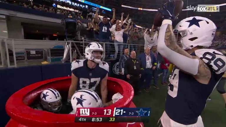 Watch Payton Hendershot play whack-a-mole with the other Dallas Cowboys tight ends after scoring a touchdown.