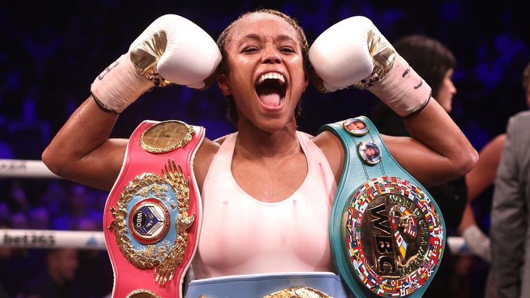 Natasha Jones celebrates victory against Marie-Eve Dicaire in the IBF, WBC and WBO super welter-weight bout at the AO Arena, Manchester. Issue date: Saturday November 12, 2022.