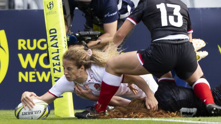 Abby Dow scores England's crucial third try in their 26-19 win over Canada in the Rugby World Cup semi-final