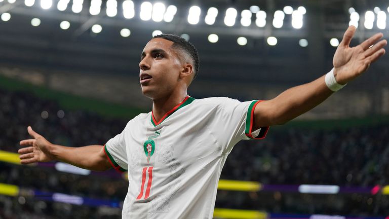 Morocco&#39;s Abdelhamid Sabiri celebrates after scoring