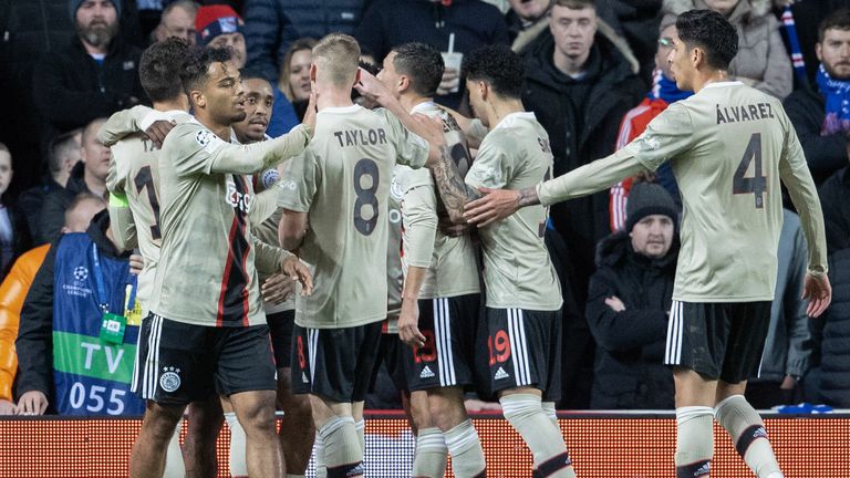 Ajax celebra después de que Muhammed Kudus hiciera el 2-0 contra Rangers