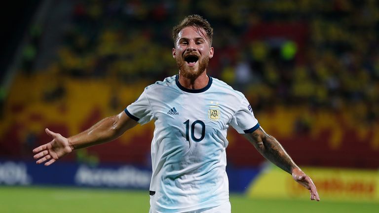 Argentina's Alexis Mac Allister celebrates after scoring his side's first goal against Uruguay during a South America Olympic qualifying U23 soccer match...at the Alfonso Lopez stadium in Bucaramanga, Colombia, Monday, Feb. 3, 2020. (AP Photo/Fernando Vergara)