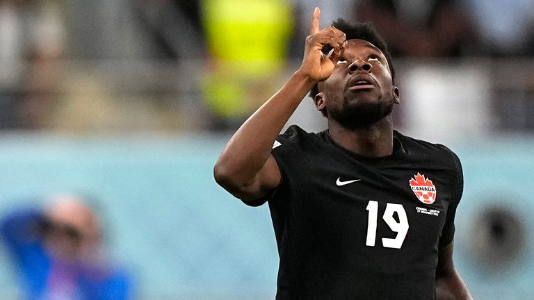 Canada&#39;s Alphonso Davies celebrates after scoring his side&#39;s opening goal