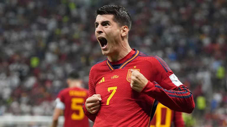 Substitute Alvaro Morata celebrates after scoring his side&#39;s opening goal