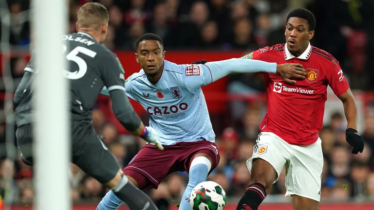 Aston Villa's Ezri Konsa and Manchester United's Anthony Martial in action during the Carabao Cup, third round match at Old Trafford, Manchester. Picture date: Thursday November 10, 2022.