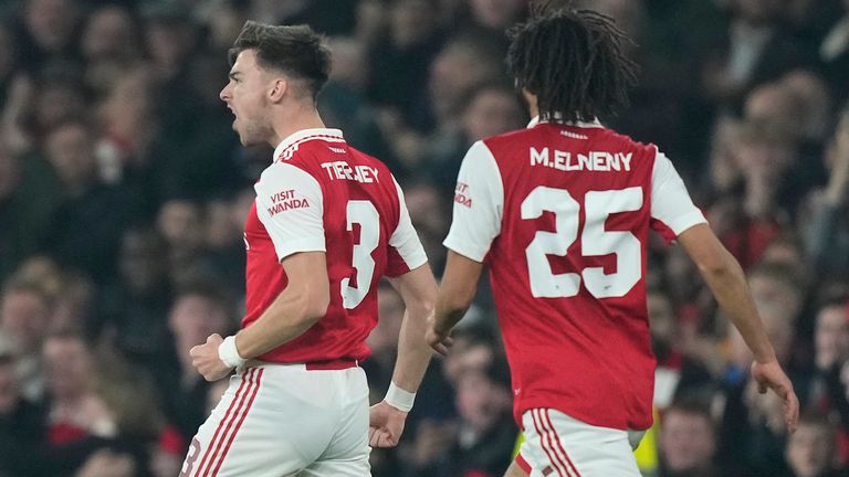 Arsenal&#39;s Kieran Tierney celebrates after scoring against FC Zurich