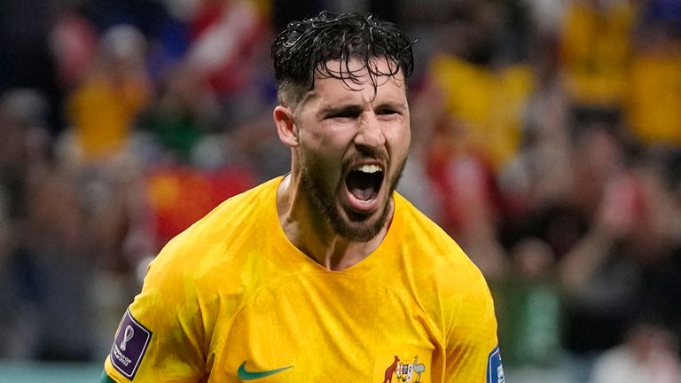 Mathew Leckie celebrates after putting Australia 1-0 up against Denmark