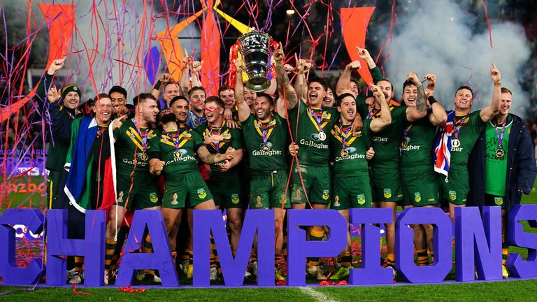 Australia v Samoa - Rugby League World Cup - Final - Old Trafford
Australia players celebrate with the trophy following the Rugby League World Cup final at Old Trafford, Manchester. Picture date: Saturday November 19, 2022.