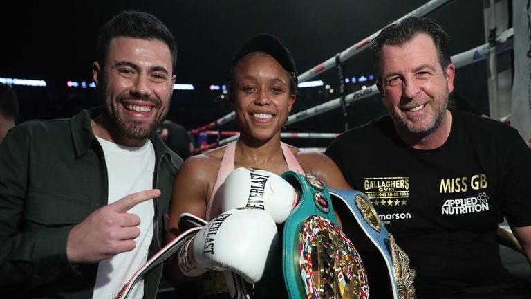 Promoter Ben Shalom with champion Natasha Jonas and trainer Joe Gallagher