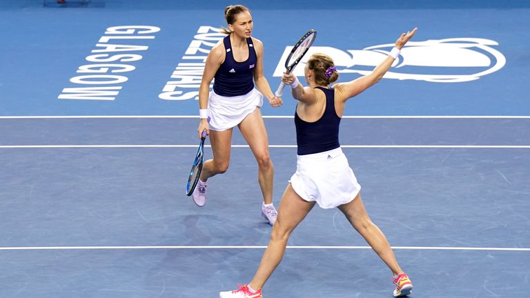 Great Britain's Olivia Nicholls and Alicia Barnett celebrate winning the first set during their doubles match against Spain's Rebeka Masa rova and Aliona Bolsova Zadoinov during day three of the Billie Jean King Cup Group Stage match between Spain and Great Britain at the Emirates Arena, Glasgow. Issue date: Thursday November 10, 2022.

