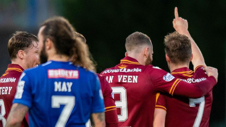 PERTH, SCOTLAND - NOVEMBER 12: Motherwell's Blair Spittal (R) celebrates scoring to make it 1-1 with his teammates during a cinch Premiership match between St Johnstone and Motherwell at McDiarmid Park, on November 12, 2022, in Perth, Scotland.   (Photo by Mark Scates / SNS Group)