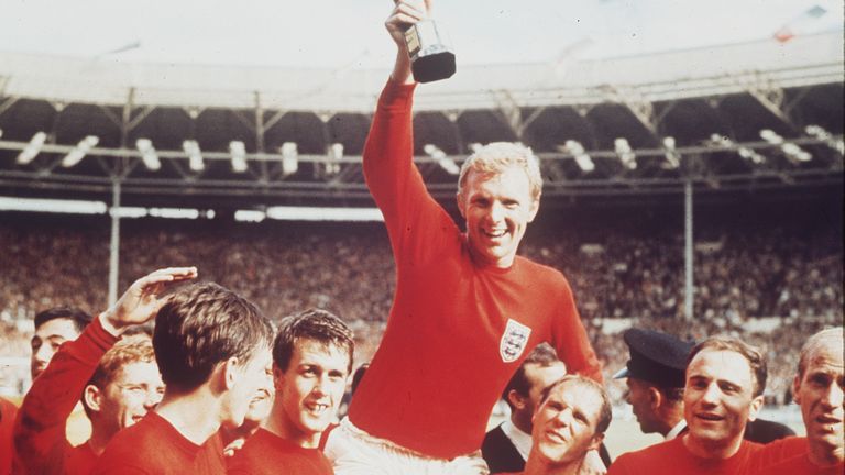 England captain Bobby Moore is carried on the shoulders of his team-mates after beating Germany 4-2