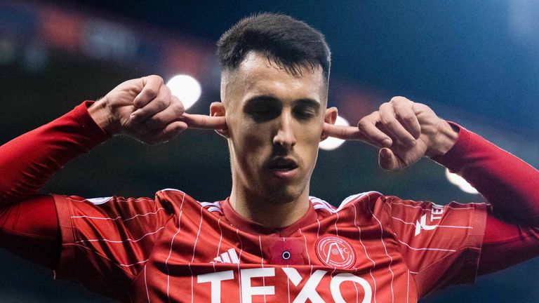 ABERDEEN, SCOTLAND - NOVEMBER 12: Aberdeen's Bojan Miovski celebrates going 1-0 up during a cinch Premiership match between Aberdeen and Dundee United at Pittodrie, on November 12, 2022, in Aberdeen, Scotland.  (Photo by Euan Cherry / SNS Group)