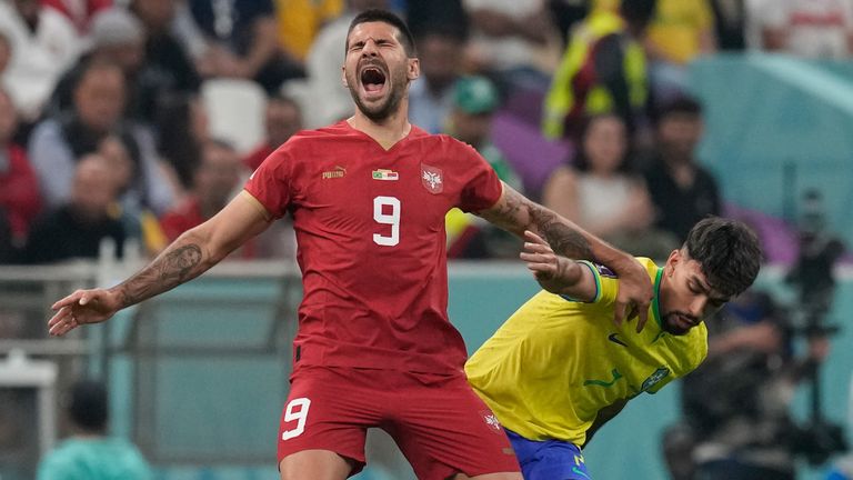 Aleksandar Mitrovic is fouled by Lucas Paqueta