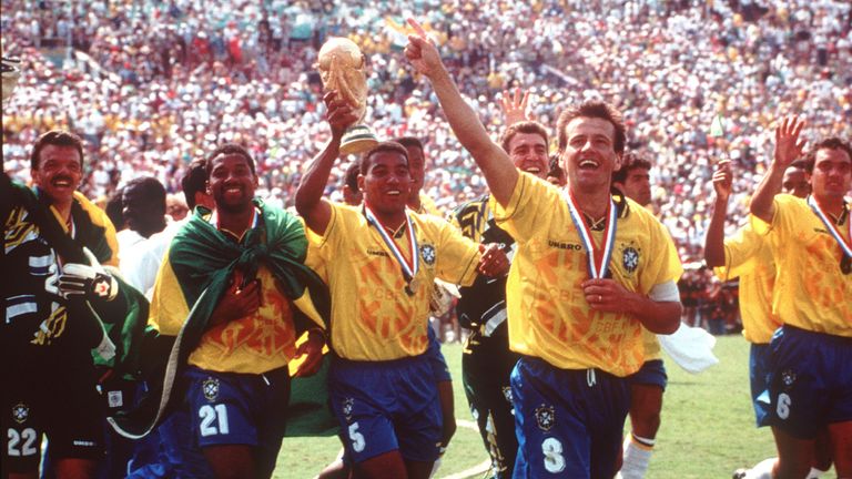 Brazil parade the World Cup around the Rose Bowl field in Pasadena after beating Italy in the final of USA '94