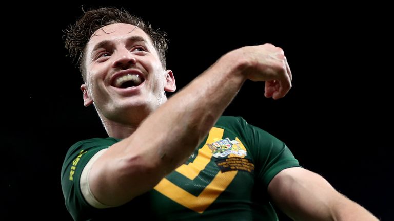 Cameron Murray celebrates his try against Samoa in the Rugby League World Cup final