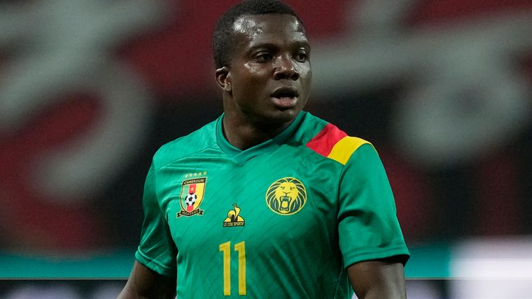 Cameroon's Nouhou Tolo looks the ball during the friendly soccer match between South Korea and Cameroon at Seoul World Cup Stadium in Seoul, South Korea, Tuesday, Sept. 27, 2022. (AP Photo/Lee Jin-man)