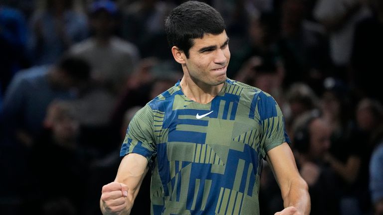 Spain&#39;s Carlos Alcaraz reacts after defeating Grigor Dimitrov, of Bulgaria, during their third round match of the Paris Masters tennis tournament at the Accor Arena, Thursday, Nov. 3, 2022 in Paris. Alcaraz won 6-1, 6-3. (AP Photo/Michel Euler)