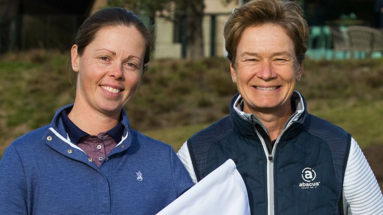 Dutch golfer Christel Boeljon (left) with Solheim Cup-winning captain Catriona Matthew (right) after it was announced the Netherlands would host the 2026 contest