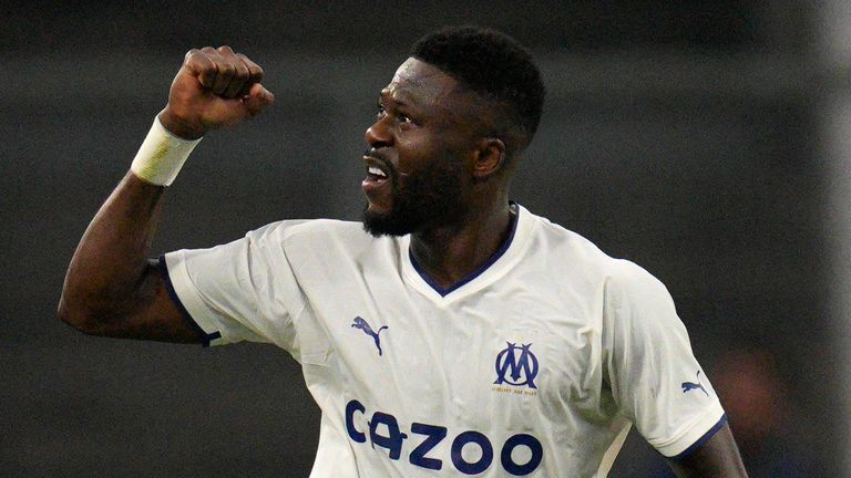 Marseille's Chancel Mbemba celebrates after scoring