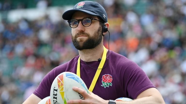 Charlie Hayter, Team Manager of England looks on prior to the Pool D match between England and Japan on day one of the HSBC London Sevens at Twickenham Stadium on May 28, 2022 in London, England. (Photo by Dan Mullan - RFU/The RFU Collection via Getty Images)