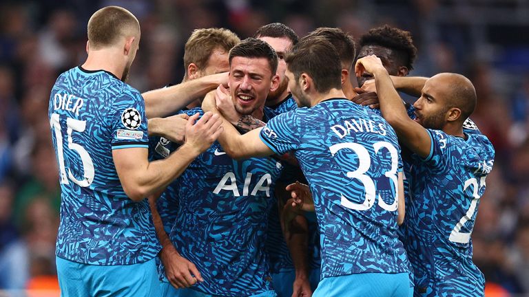 Clement Lenglet is mobbed by his Tottenham team-mates after equalising at Marseille