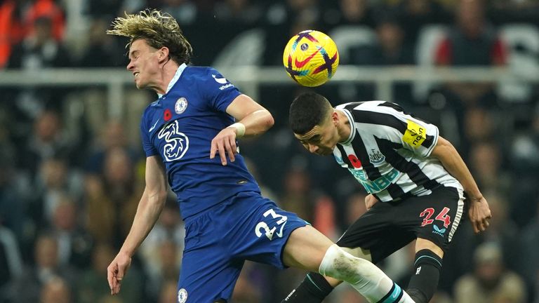 Chelsea's Conor Gallagher (left) and Newcastle United's Miguel Almiron battle for the ball 