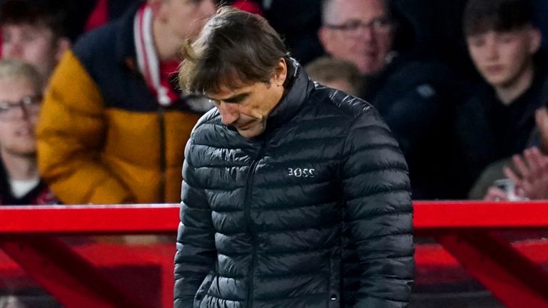 Antonio Conte reacts when Tottenham are knocked out of the Carabao Cup by Nottingham Forest
