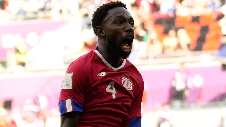 Costa Rica&#39;s Keysher Fuller celebrates after scoring his side&#39;s opening goal during the World Cup, group E soccer match between Japan and Costa Rica, at the Ahmad Bin Ali Stadium in Al Rayyan , Qatar, Sunday, Nov. 27, 2022. (AP Photo/Francisco Seco)