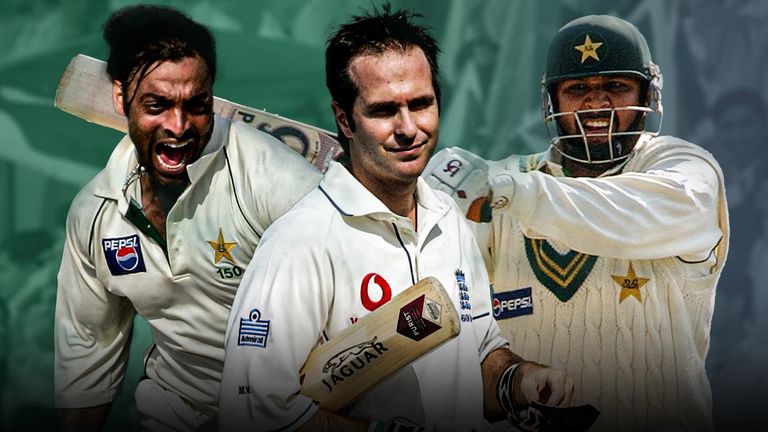 Shoaib (17 wickets in that series) and Inzy (century in both innings of the second Test) flanking Vaughan. 

