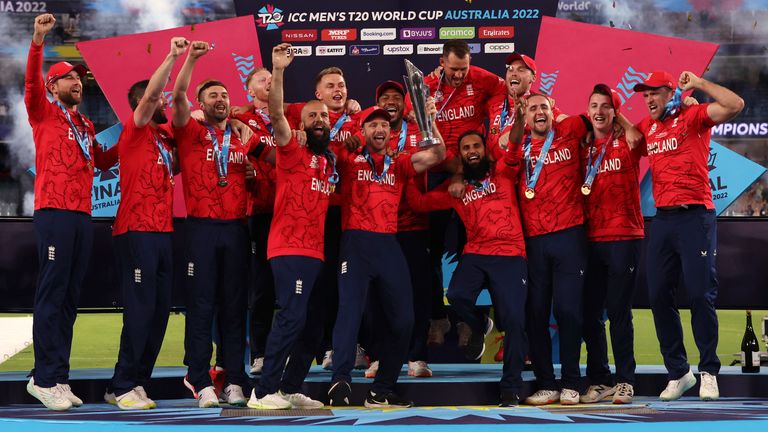 England players celebrate with the 2022 T20 World Cup trophy (Associated Press)
