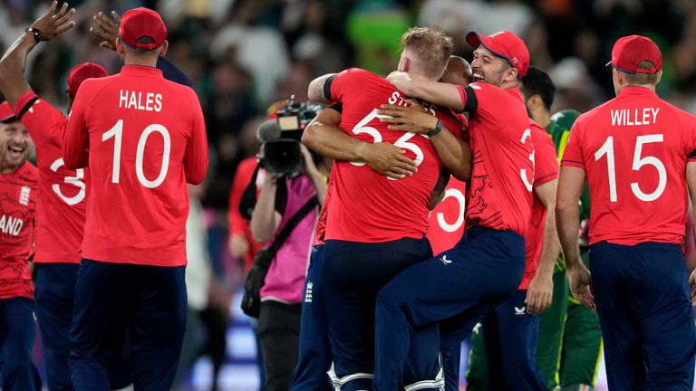 England celebrated a five-wicket victory over Pakistan in the T20 World Cup final 