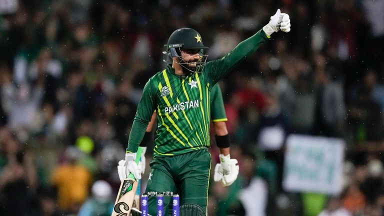 Pakistan's Shadab Khan celebrates after scoring 50 runs during the T20 World Cup cricket match between Pakistan and South Africa in Sydney, Australia on Thursday, Nov. 3, 2022. (AP Photo/Rick Rycroft)