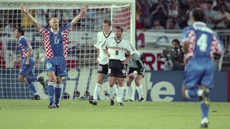 World Cup jubilation for the Croatia players as Germany's Lothar Matthaus looks dejected in the 1998 World Cup quarter-final