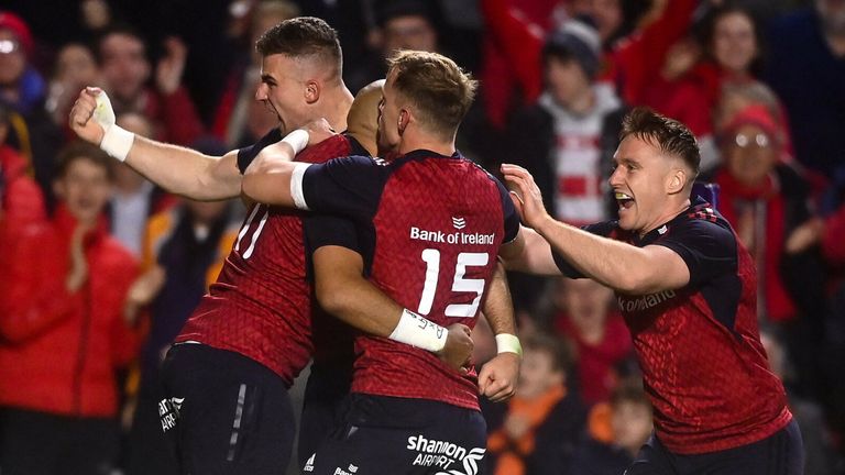10 November 2022; Shane Daly of Munster, centre, celebrates after scoring his side's first try during the match between Munster and South Africa Select XV at P..irc Ui Chaoimh in Cork. Photo by David Fitzgerald/Sportsfile