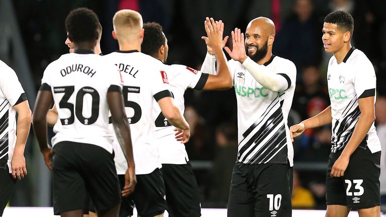 David McGoldrick celebrates Derby's fifth goal