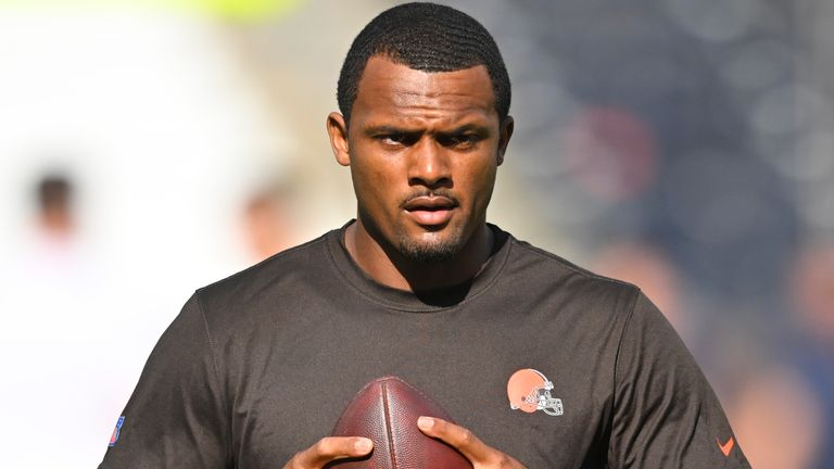 FILE - Cleveland Browns quarterback Deshaun Watson stands on the field before an NFL preseason football game against the Chicago Bears, on Aug. 27, 2022, in Cleveland. Watson can begin practicing on Monday, Nov. 14, 2022,  as part of his agreement with the NFL on an 11-game suspension after being accused of sexual misconduct by two dozen women when he played for Houston. (AP Photo/David Richard, File)