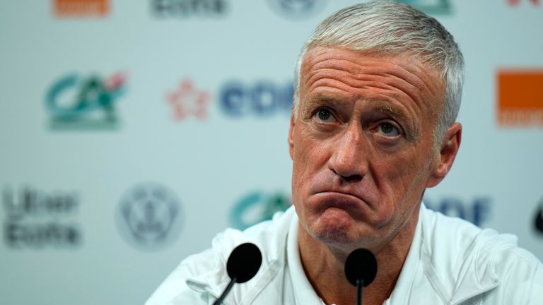 CLAIRE FONTAINE - NOVEMBER 14 : Didier Deschamps French National Head coach talks and reacts during his press conference prior the 1st team training, on November 14, 2022, at the Centre National de Formation, Claire Fontaine en Yvelines, France. (Photo by Glenn Gervot/Icon Sportswire) (Icon Sportswire via AP Images)