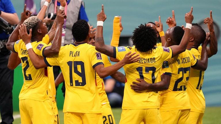 Ecuador players celebrate Enner Valencia&#39;s opening goal against Qatar