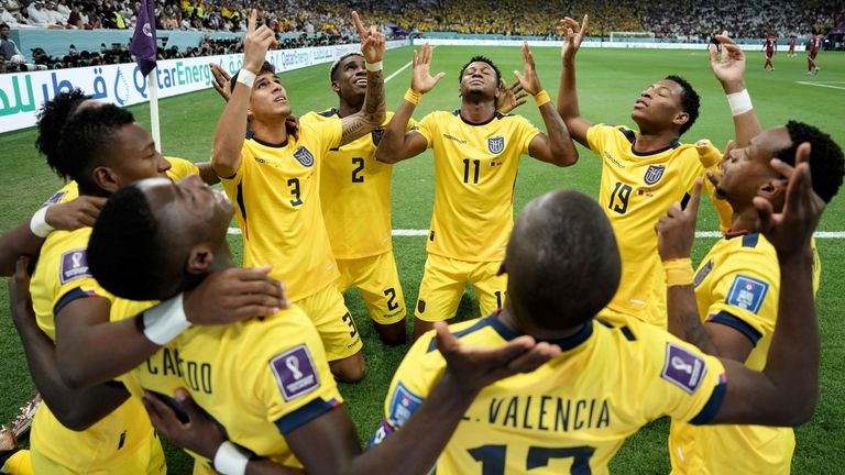 Ecuadorian players celebrate Enner Valencia's goal against Qatar