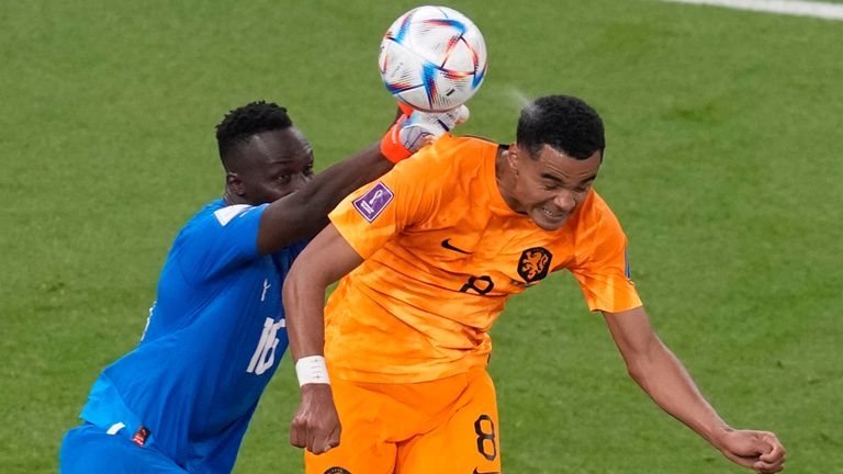 Cody Gakpo of the Netherlands scores his side&#39;s first goal past Senegal&#39;s goalkeeper Edouard Mendy during the World Cup, group A soccer match between Senegal and Netherlands at the Al Thumama Stadium in Doha, Qatar, Monday, Nov. 21, 2022. (AP Photo/Thanassis Stavrakis)