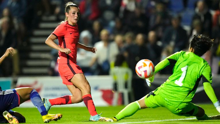 Ella Toone scores England's third goal against Japan in Murcia