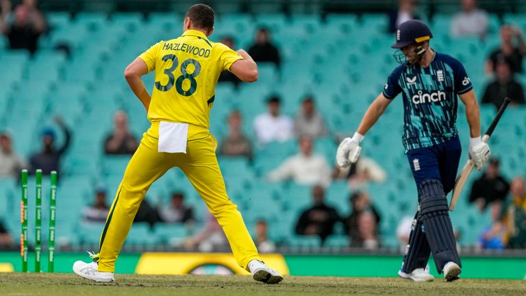 Australia's Josh Hazlewood celebrates after dismissing England's Phil Salt, right, during the one-day cricket match between England and Australia at the Sydney Cricket Ground, in Sydney, Australia, Saturday, Nov.  19, 2022. (AP Photo/Mark Baker)