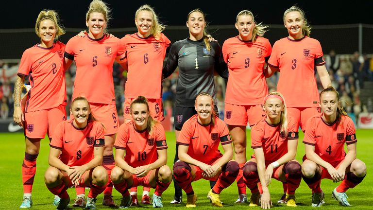 England's starting players pose for a team photo at the beginning of the Women's International soccer match between England and Japan in Murcia, Spain, Friday, Nov. 11, 2022. (AP Photo/Jose Breton)