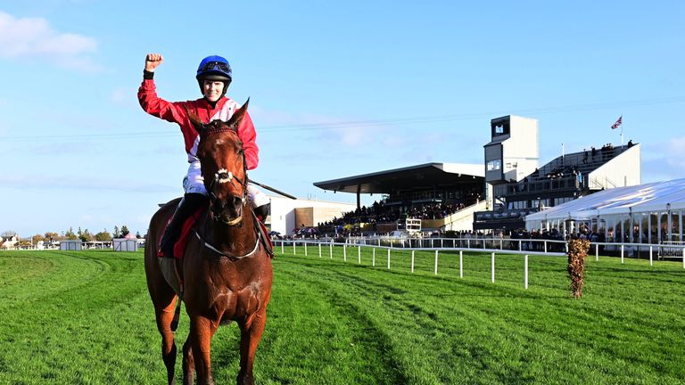 Rachel Blackmore celebrates after Envoi Allen&#39;s victory in the Grade One Ladbrokes Champion Chase at Down Royal