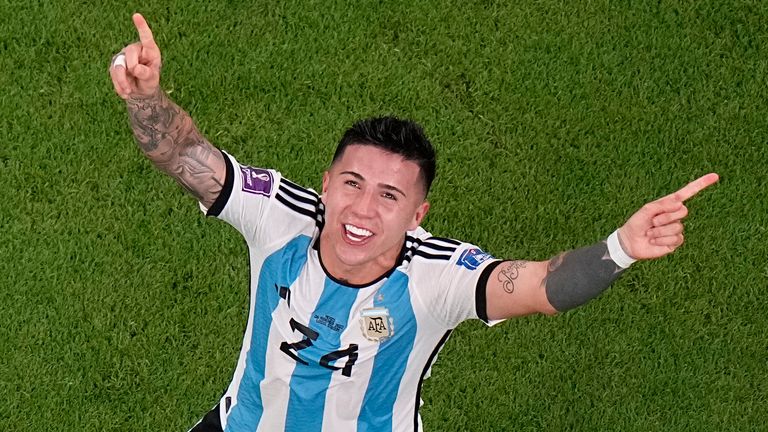 Argentina&#39;s Enzo Fernandez celebrates after doubling their lead
