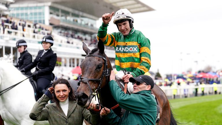 Aidan Coleman celebrates after Epatante's victory in the Aintree Hurdle