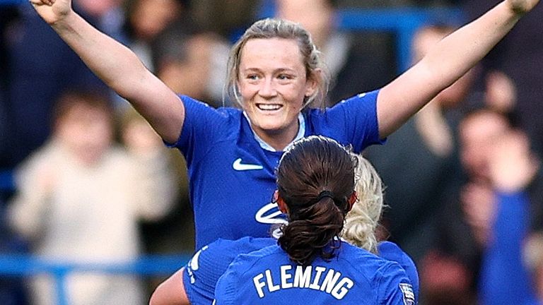 Erin Cuthbert celebrates after doubling Chelsea&#39;s lead against Spurs