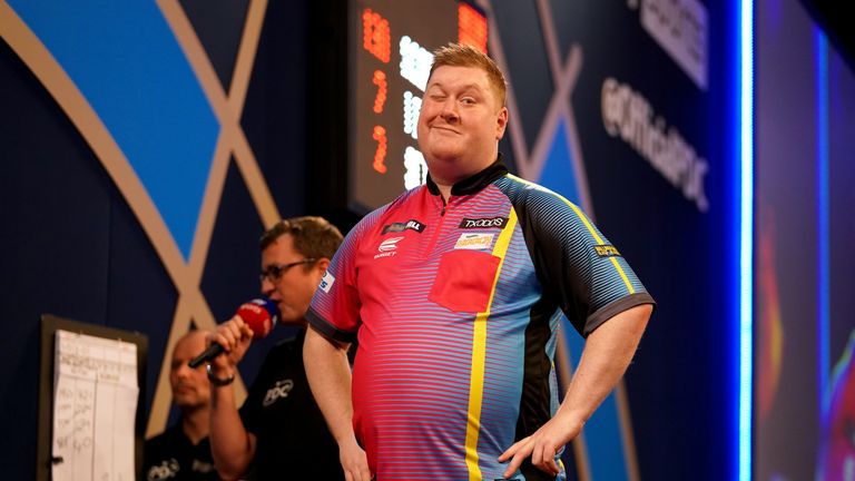 Ricky Evans during his match against Nitin Kumar on day one of the William Hill World Darts Championship at Alexandra Palace, London. Picture date: Wednesday December 15, 2021.
